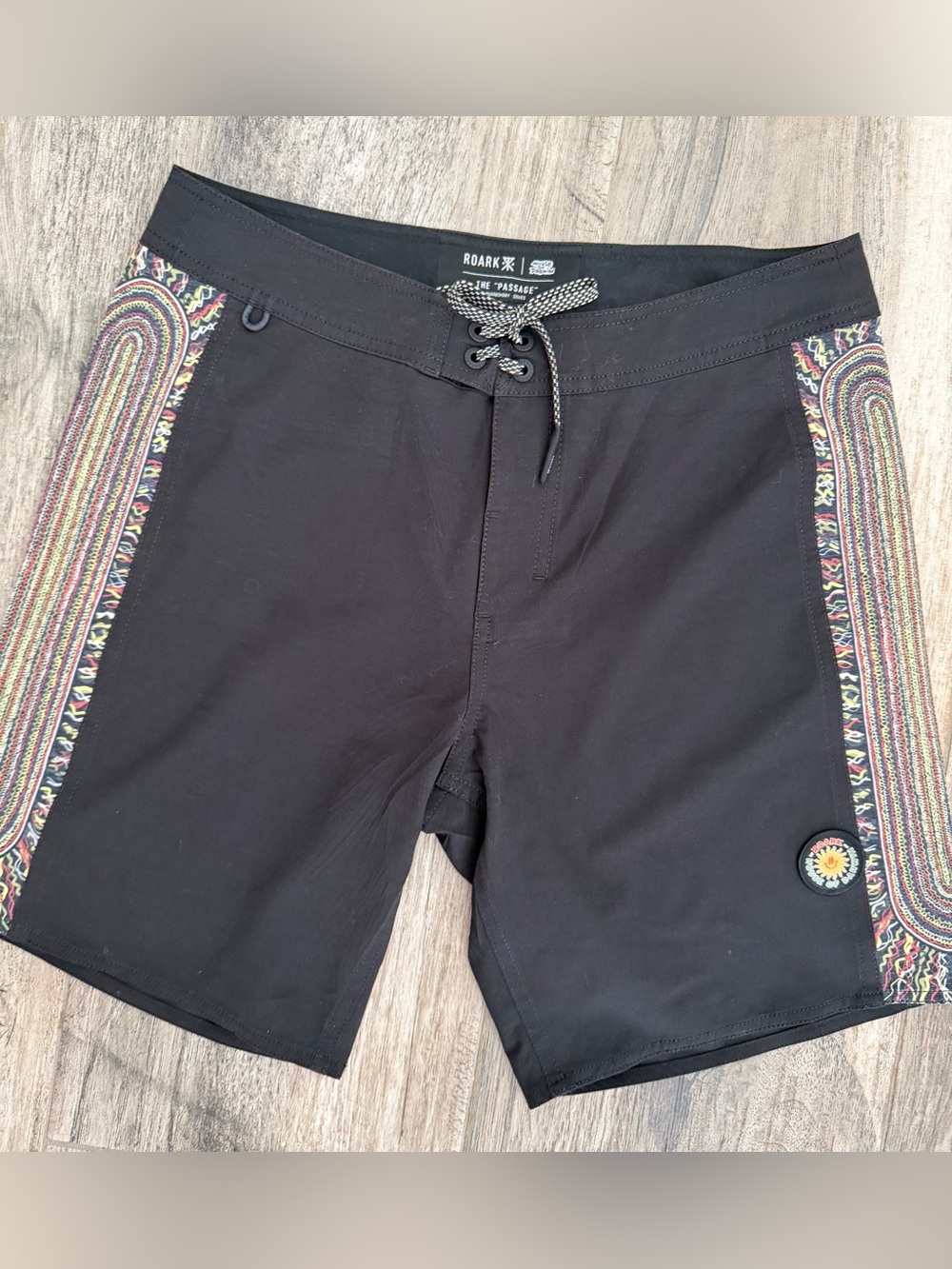 Roark Black Passage Hemp Swim Board Shorts with Multicolor Patterned Side Panels